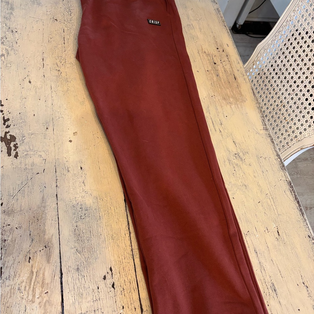 "Crisp joggers, rust color, size Large, elastic waistband, soft and comfortable
